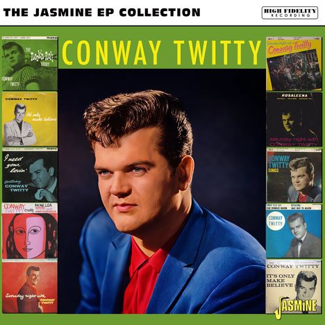 „THE JASMINE EP COLLECTION“ oben mit „CONWAY TWITTY“ darunter. Mann in blauem Anzug, Designs von EP-Covern.