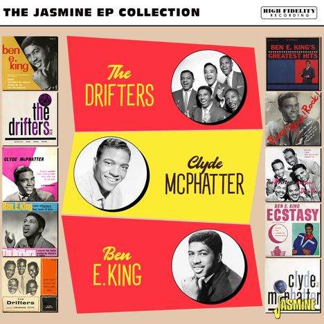 „THE JASMINE EP COLLECTION“, „The Drifters“, „Clyde McPhatter“, „Ben E. King“. Retro-Cover von Musik-EPs.