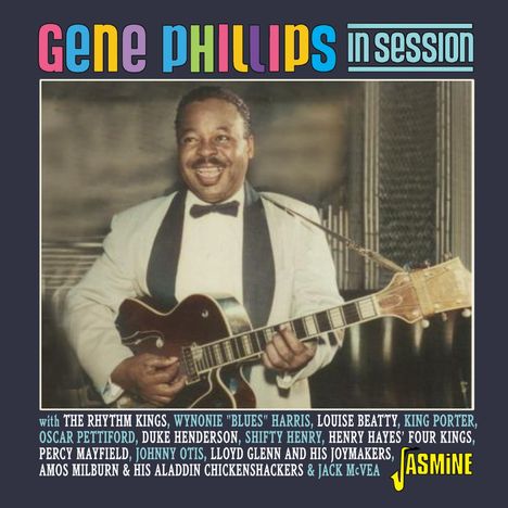 "Gene Phillips in Session" oben, "Jasmine" rechts unten. Musiker lächelnd mit Gitarre, trägt eleganten Anzug.