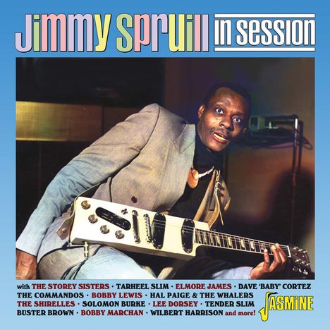 „Jimmy Spruill in Session“ in bunten Buchstaben oben, Musiker mit E-Gitarre, „Jasmine“ Logo unten rechts.