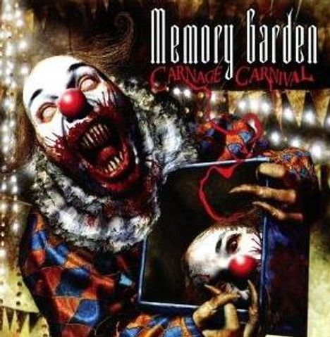 Texte: "Memory Garden", "Carnage Carnival". Ein gruseliger Clown mit roter Nase schaut aus einer Box und hält seinen Kopf.