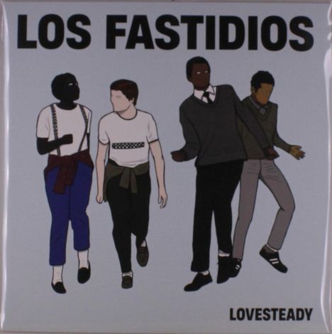 "LOS FASTIDIOS" und "LOVESTEADY". Illustration von vier tanzenden Personen in lässiger Kleidung.