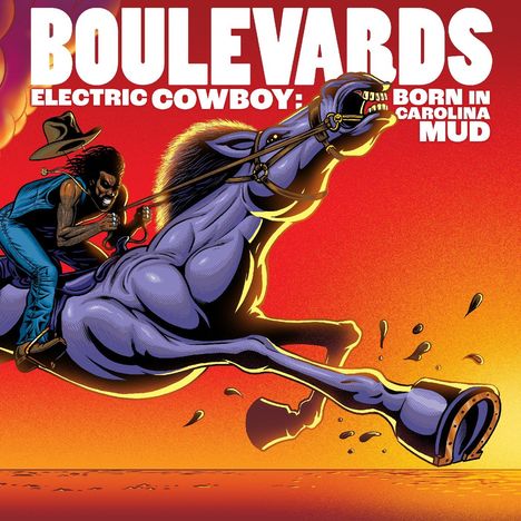 „BOULEVARDS ELECTRIC COWBOY: BORN IN CAROLINA MUD.“ Eine dynamische Illustration eines entschlossenen Reiters auf einem Pferd.