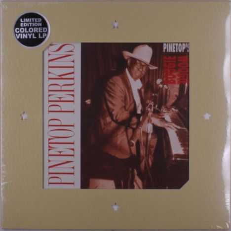 Text: "LIMITED EDITION COLORED VINYL LP", "PINETOP PERKINS", "PINETOP'S BOOGIE WOOGIE". Bild eines Mannes am Klavier.