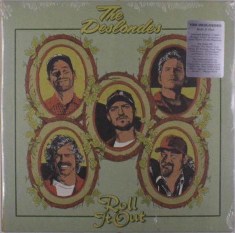 "The Deslondes" oben, "Roll It Out" unten. Illustration von fünf Männern in ovale Rahmen, verziert mit Blumen.