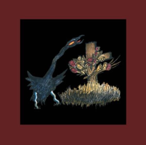 Ein Kreuz mit Blumen und ein schwarzer Vogel in einer illustrativen Darstellung auf schwarzem Hintergrund.