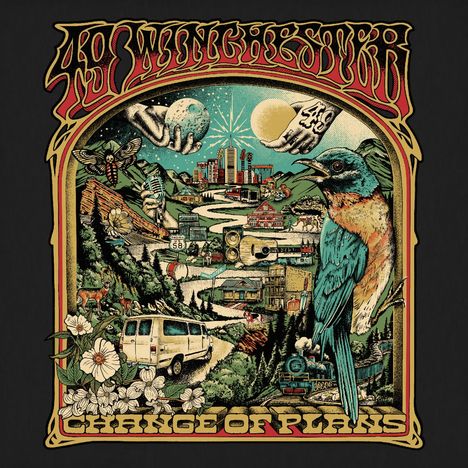 Text oben: "49 WINCHESTER" in geschwungener Schrift. Unten: "CHANGE OF PLANS". Illustration eines Landschaftspanoramas.