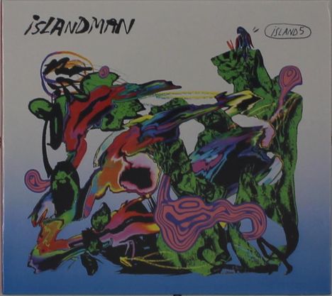 "Islandman" und "islands" sind in schwarzer und dunkler Schrift erkennbar. Abstrakte, bunte Formen auf blauem Hintergrund.