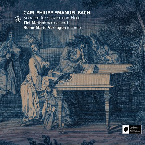 CARL PHILIPP EMANUEL BACH, Sonaten für Clavier und Flöte. Illustration: Drei Personen an einem Cembalo.