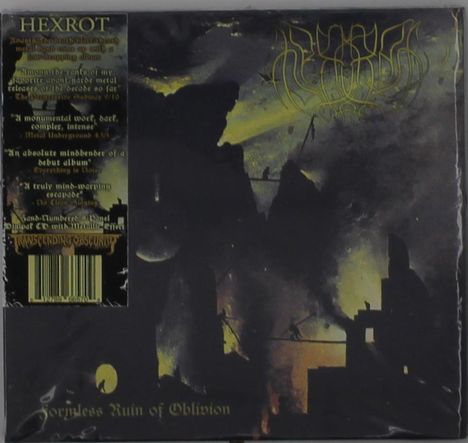 Vorderseite zeigt: "HEXROT", "Joyless Ruin of Oblivion". Links: Rezensionen. Dunkle Szenerie mit Silhouetten und einem Logo.
