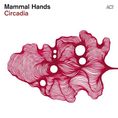 "Mammal Hands", "Circadia". Organische Illustration roter, geschwungener Linien mit kreisförmigen Aussparungen.