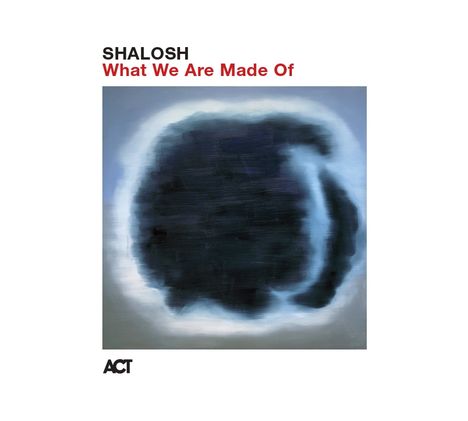 Text: "SHALOSH What We Are Made Of". Logo unten. Unscharfe, dunkle Form mit blauem Schein in graublauer Umgebung.