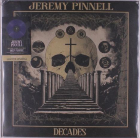 "Jeremy Pinnell", "Deep in Ripple", "Decades". Illustration eines Schädels mit Kreuz, Treppe und Säulen, symmetrisch angeordnet.