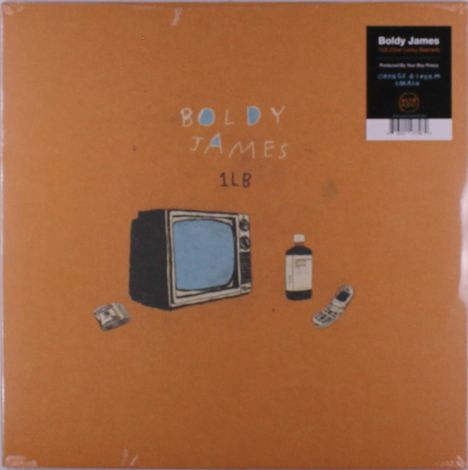 "Boldy James 1LB." Gezeichnet: ein alter Fernseher, eine Flasche, ein Handy, ein Geldstapel auf orangefarbenem Hintergrund.