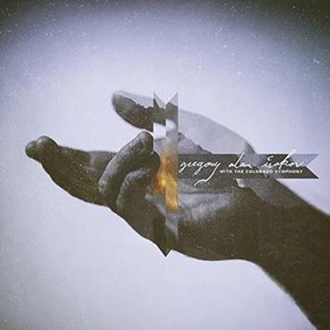 Text: "gregory alan isakov with the colorado symphony". Eine offene Hand auf grauem Hintergrund.