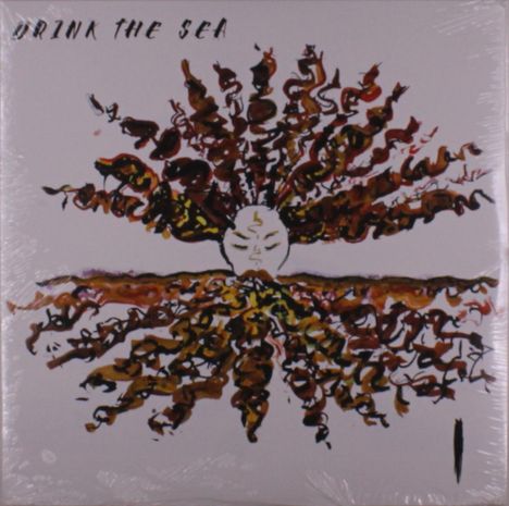 Text: "DRINK THE SEA." Illustration: Ein Gesicht wird von wellenförmig streuenden Linien umrahmt, die Pflanzen oder Haare ähneln.