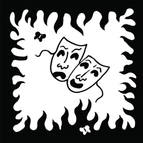 Zwei Theatermasken, eine lachend, eine traurig, umgeben von flammenden Mustern und kleinen Schmetterlingen.