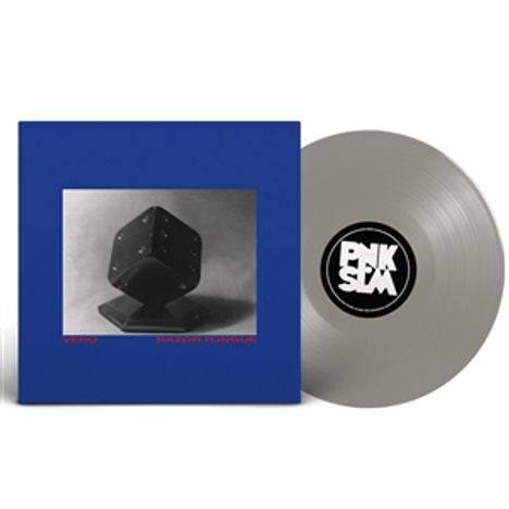 In blauen Rahmen: "Eiswürfel Trilogie". Graues Vinyl daneben. Schwarzer Würfel auf dem Cover.