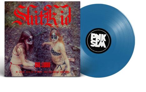 Roter Text "ShitKid" und "Duo Limbo" auf einem Albumcover mit blauem Vinyl. Drei Frauen im Wald mit Gesichtsbemalung.