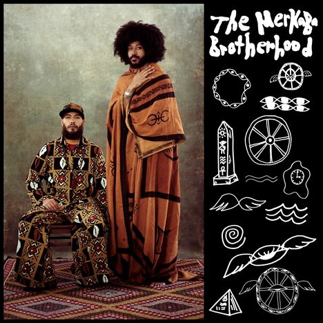 "The Merkaba Brotherhood" steht links oben. Rechts weiße Symbole: Räder, Flügel, Spirale. Links zwei Personen in bunten Outfits.