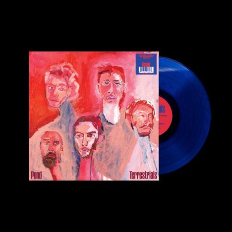 Die Worte "Pond" und "Terrestrials" stehen unten. Es zeigt eine rote Illustration mit fünf abstrakten Gesichtern.