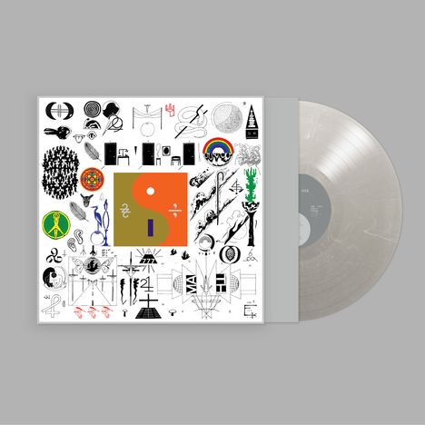 Vorderseite: Bunte geometrische und abstrakte Symbole mit "22, A Million" Albumcover. Transparentes Vinyl auf grauem Hintergrund.