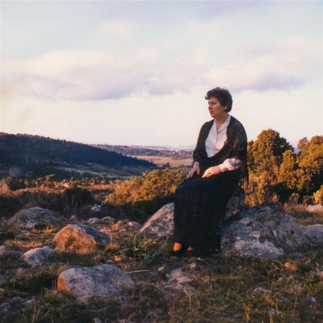 Kein Text vorhanden. Eine Person sitzt auf einem Felsen in einer weiten, grünen Landschaft unter blauem Himmel mit Wolken.