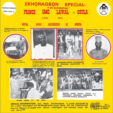 "EKHORAGBON SPECIAL" von Prince Omo Lawal-Osula. Bilder von Personen in Festkleidung. Labels und Adressen in Benin City.