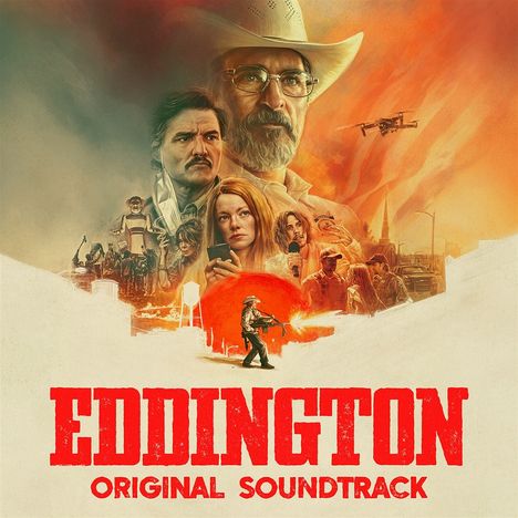 "Eddington Original Soundtrack" in roter Schrift. Western-Szenen, ernste Gesichter, Cowboy mit Hut, Drohne am Himmel, Illustration.