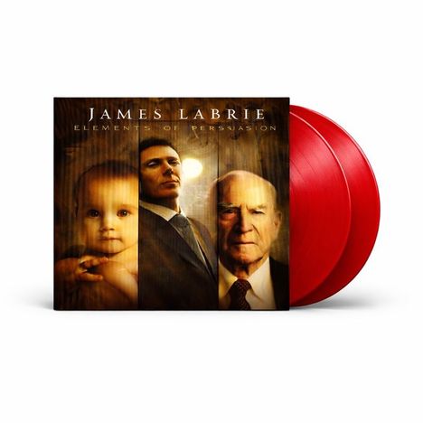 „JAMES LABRIE Elements of Persuasion“. Drei Porträts: ein Baby, ein Mann im Anzug und ein älterer Mann. Rote Schallplatten erscheinen.