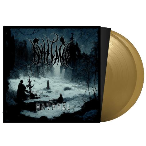 Logo: Dunkle, verschlungene Schrift "Havukruunu"; darunter "HAVAMAL". Winterlicher Wald, zwei Menschen, Vinyl in Gold.