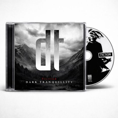 "Fiction", "Dark Tranquillity". Ein CD-Albumcover mit Bergen und bewölktem Himmel im Hintergrund.