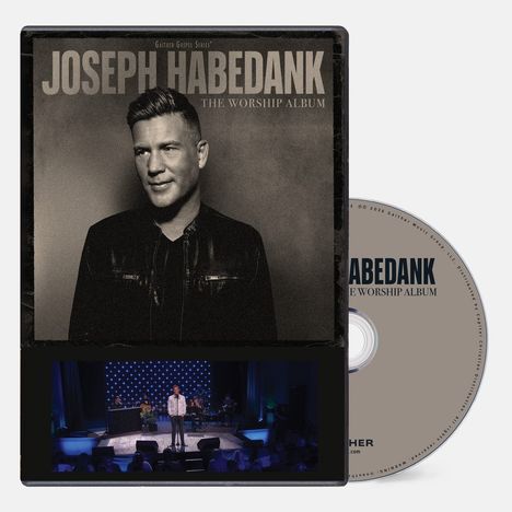 "JOSEPH HABEDANK THE WORSHIP ALBUM." Schwarz-weißes Porträt eines Mannes auf dem Cover. Bühne mit Musiker unten. CD rechts.