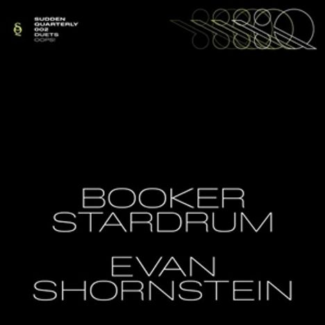 Schwarzer Hintergrund, zentrale Namen "Booker Stardrum" und "Evan Shornstein" in weiß. Oben links kleinerer Text.