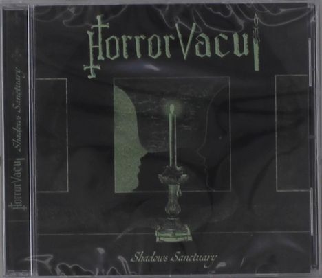 Text: "HorrorVacui", "Shadows Sanctuary". Dunkler Hintergrund, Silhouette von Gesichtern neben einer Kerze.