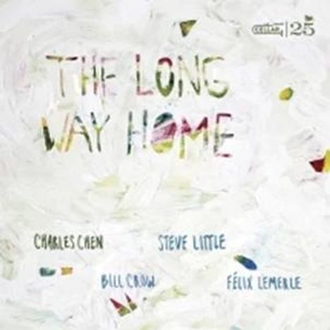 "The Long Way Home" ist in bunten Buchstaben auf einem abstrakten, texturierten Hintergrund geschrieben. Namen darunter.