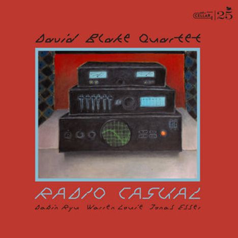 "David Blake Quartet" und "Radio Casual". Retro-Radio auf rotem Hintergrund, mit stilisiertem Design.