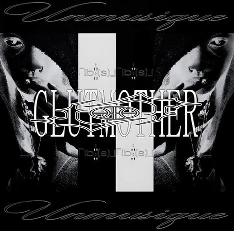 „GLUTMOTHER“ in kräftigem, überlagertem Weiß. Stylische Schriften umrahmen das Bild. Dunkle, kontrastreiche Porträts.