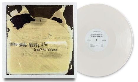 Rechts Text: "grip your fist, i'm heaven bound". Links eine abstrakte Illustration in Beige- und Brauntönen mit Schallplatte.