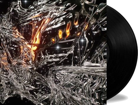 Keine erkennbaren Texte. Abstrakte, glänzende Formen mit feurig-orangen Elementen, daneben eine schwarze Vinyl-Schallplatte.