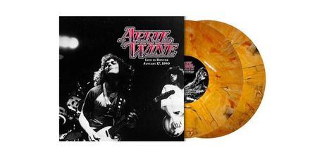 Logo mit Text "April Wine Live in Denver January 17, 1980", daneben orange Vinyl-Schallplatte.
