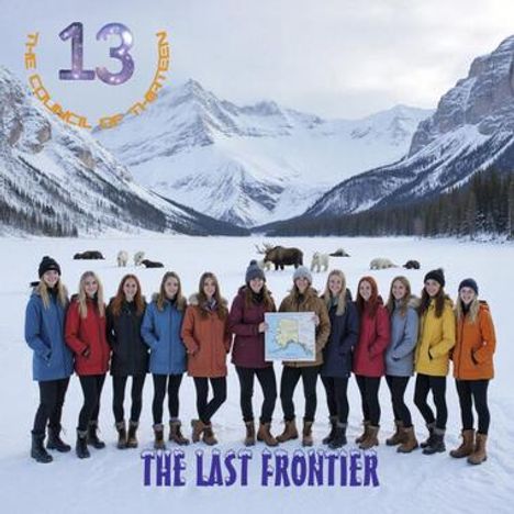 "13 THE COUNCIL OF THIRTEEN, THE LAST FRONTIER." Gruppe von Frauen in bunter Kleidung vor verschneiten Bergen und Tieren.