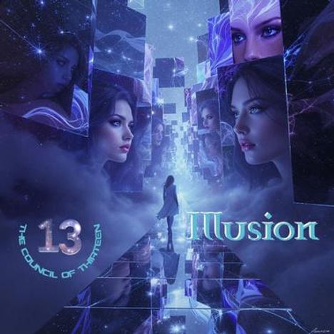 "13 The Council of Thirteen Illusion" in einer futuristischen Szenerie mit mehreren Porträts und einer einsamen Figur.