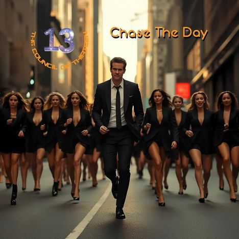 "Chase The Day" und "The Council of Thirteen". Ein Mann in Anzug führt Frauen in schwarzen Anzügen in einer Straße an.