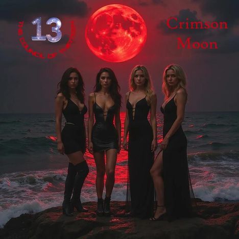 Text: "13 The Council of Thirteen" und "Crimson Moon." Vier Frauen in schwarzen Kleidern am Meer, roter Vollmond.