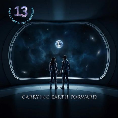 "13 THE COUNCIL OF THIRTEEN", "CARRYING EARTH FORWARD". Zwei Personen sehen in einem futuristischen Raum auf die Erde.