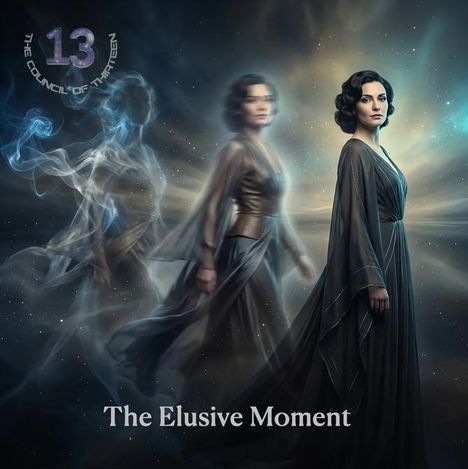 Oben links: "13 THE COUNCIL OF THIRTEEN". Unten: "The Elusive Moment". Frau in fließendem Kleid, Weltraumkulisse.