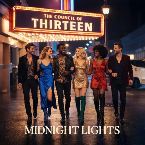 „The Council of Thirteen“ auf Leuchtreklame. „Midnight Lights“ am unteren Rand. Sechs Personen in eleganter Abendkleidung gehen lachend.