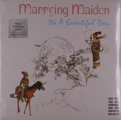 "Marrying Maiden" und "It's A Beautiful Day". Illustration von einer Frau und einem Reiter auf einem Pferd daneben.