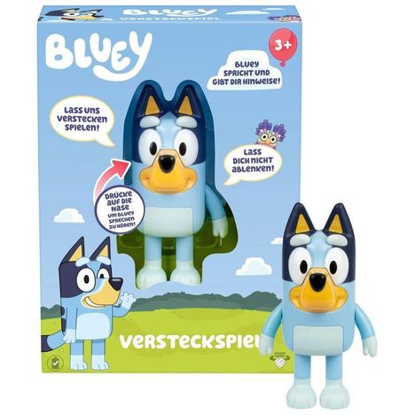 Spielzeugverpackung mit "Bluey Versteckspiel". Figur in Blau, Wolkenhintergrund, Sprechblasen mit Anweisungen.